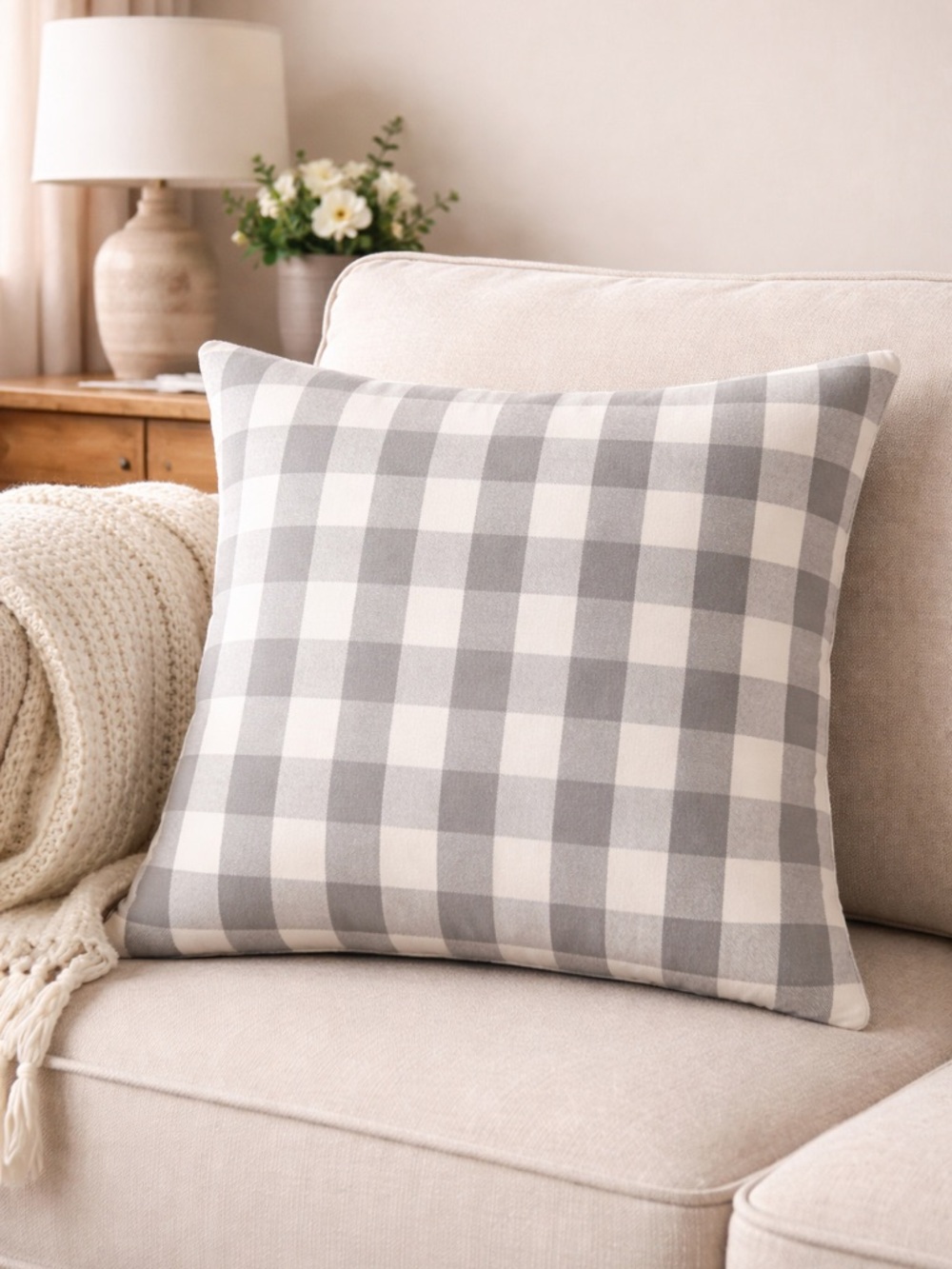 IKEA Buffalo Plaid Grey White Throw Pillow Cover 20x20 Cotton